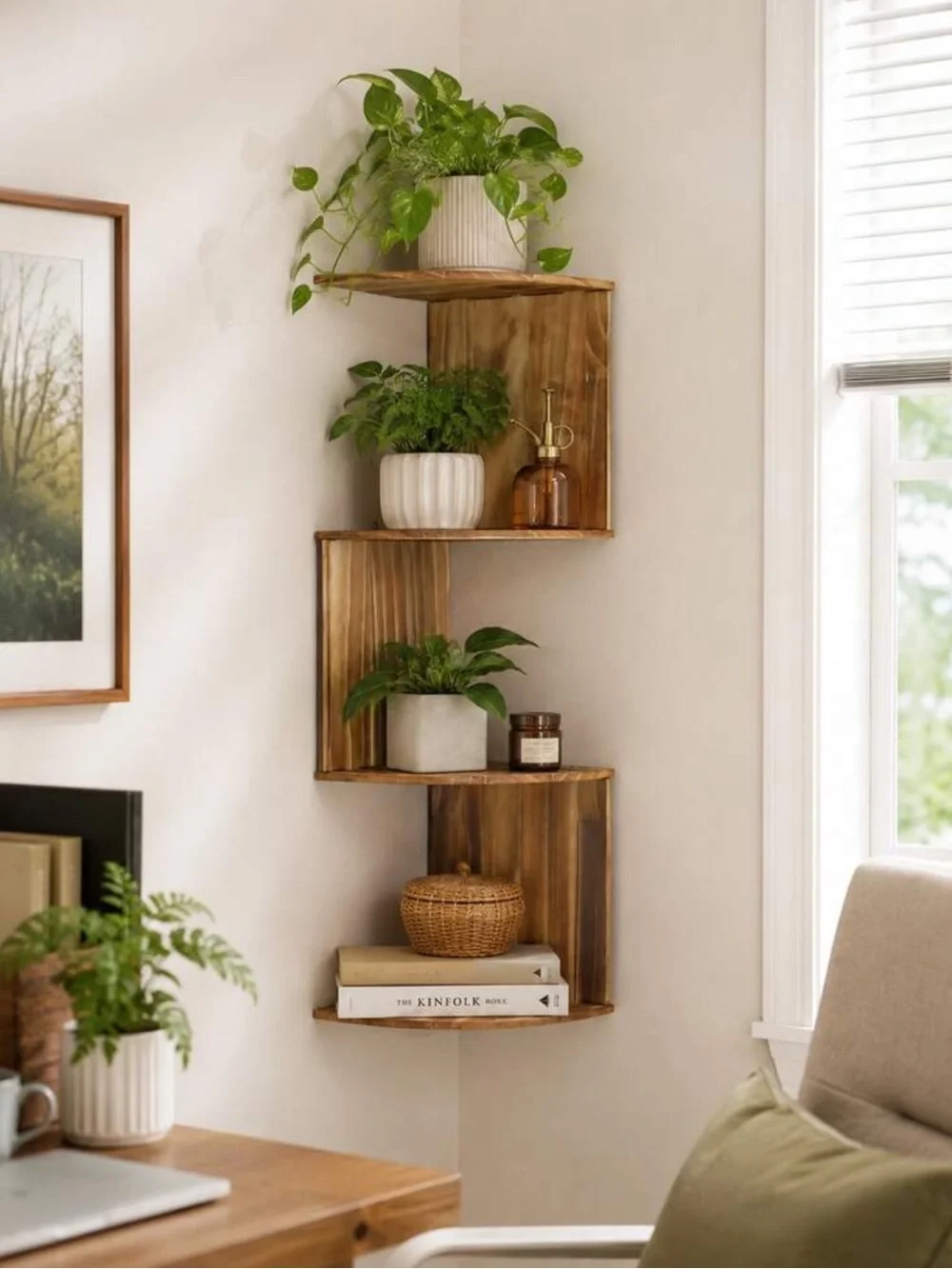 Wood Corner Wall Shelf - Brown Rustic Home Wall Decor
